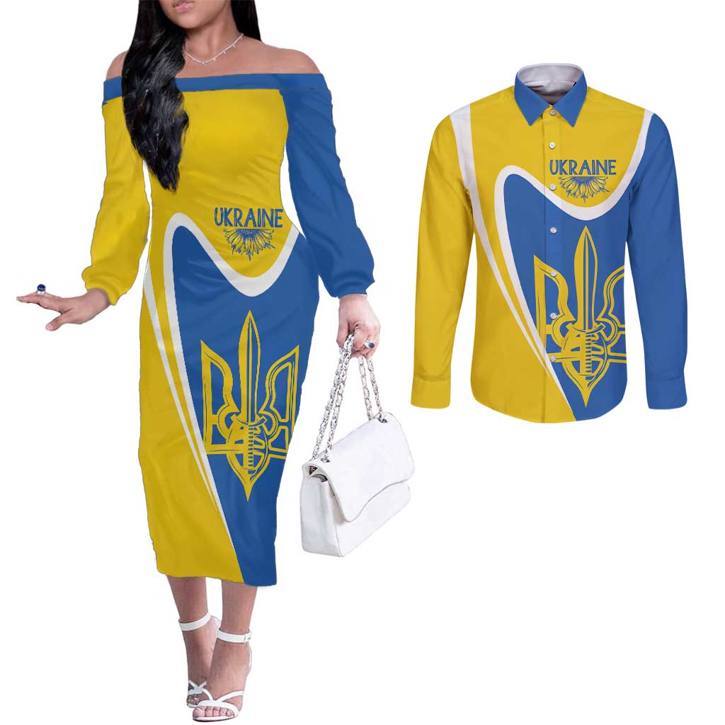 Ukraine Stylized Tryzub Couples Matching Off The Shoulder Long Sleeve Dress and Long Sleeve Button Shirt Slava Ukraini