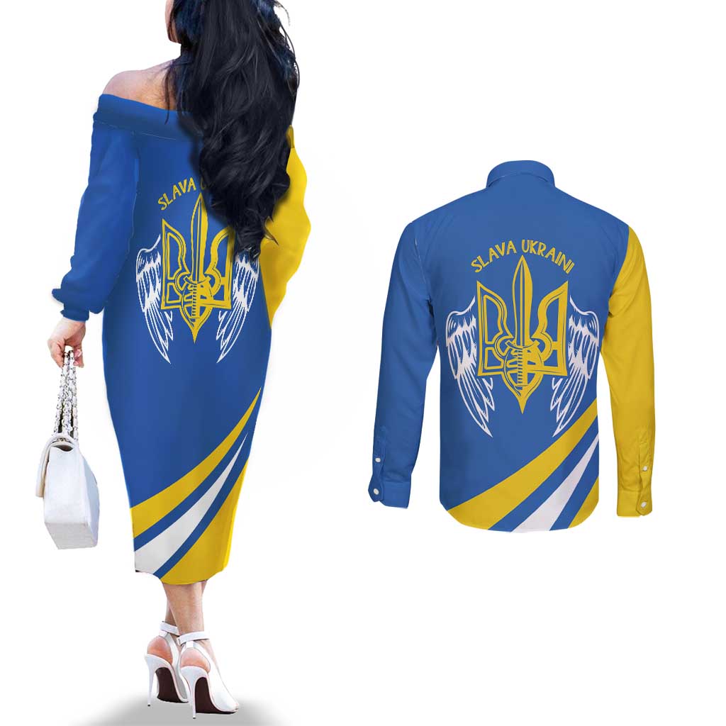 Ukraine Stylized Tryzub Couples Matching Off The Shoulder Long Sleeve Dress and Long Sleeve Button Shirt Slava Ukraini