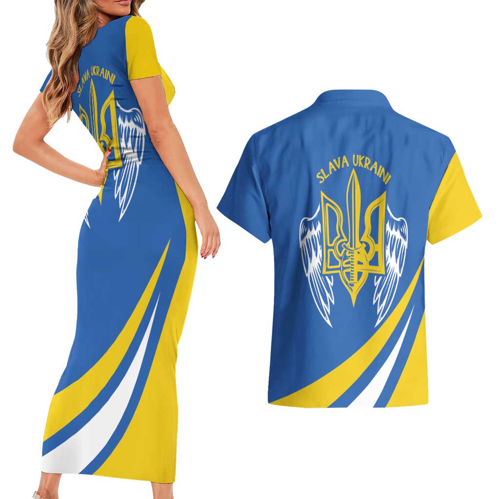 Ukraine Stylized Tryzub Couples Matching Short Sleeve Bodycon Dress and Hawaiian Shirt Slava Ukraini