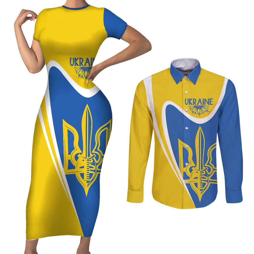 Ukraine Stylized Tryzub Couples Matching Short Sleeve Bodycon Dress and Long Sleeve Button Shirt Slava Ukraini