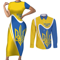 Ukraine Stylized Tryzub Couples Matching Short Sleeve Bodycon Dress and Long Sleeve Button Shirt Slava Ukraini