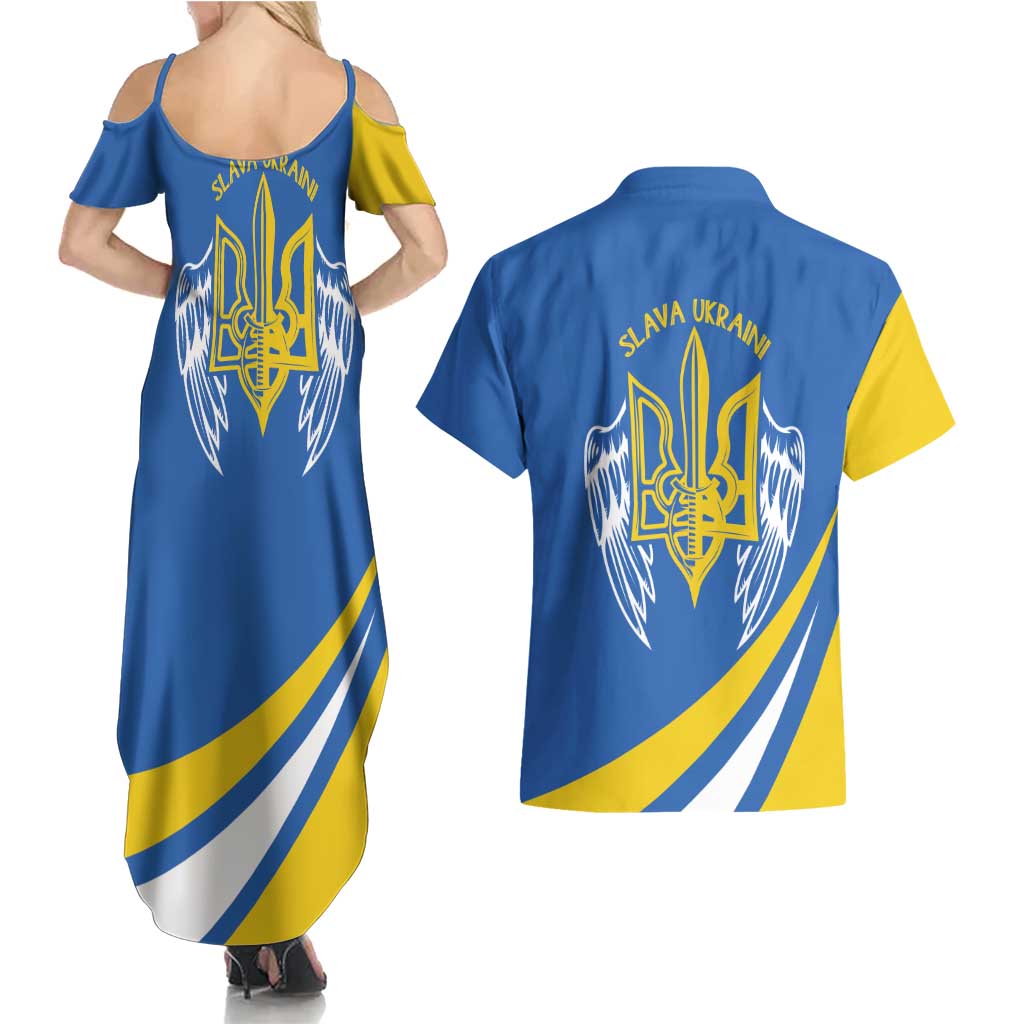 Ukraine Stylized Tryzub Couples Matching Summer Maxi Dress and Hawaiian Shirt Slava Ukraini