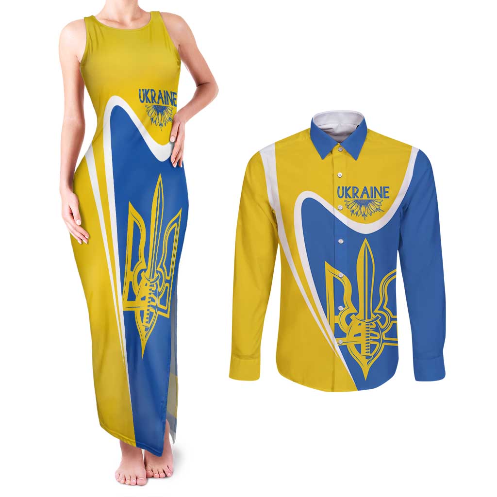 Ukraine Stylized Tryzub Couples Matching Tank Maxi Dress and Long Sleeve Button Shirt Slava Ukraini