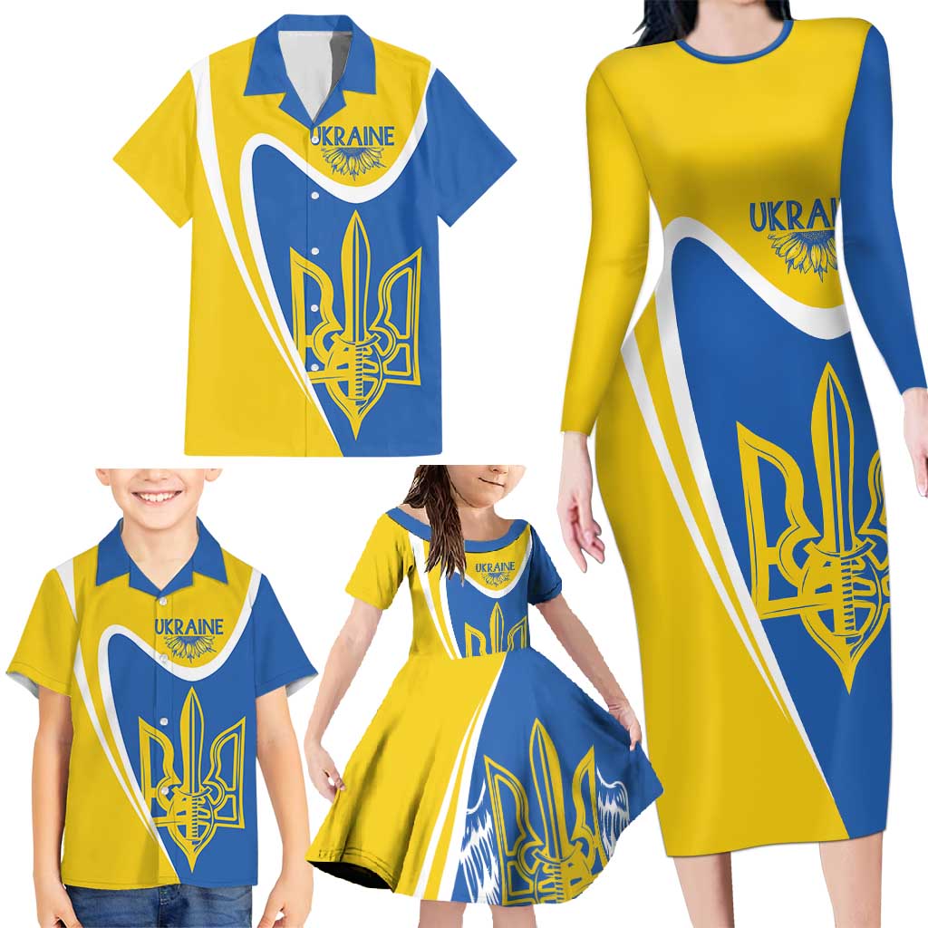 Ukraine Stylized Tryzub Family Matching Long Sleeve Bodycon Dress and Hawaiian Shirt Slava Ukraini