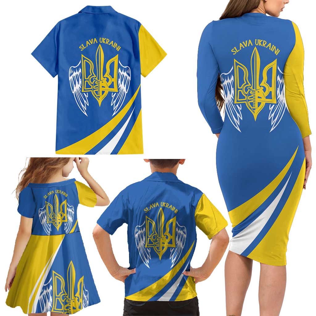 Ukraine Stylized Tryzub Family Matching Long Sleeve Bodycon Dress and Hawaiian Shirt Slava Ukraini