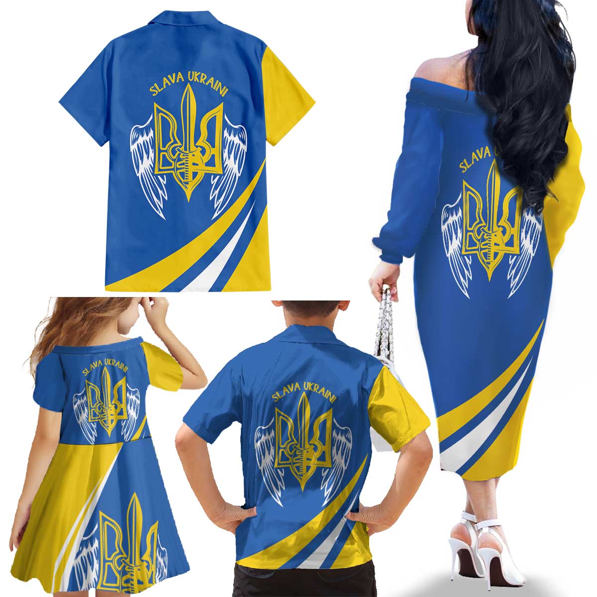 Ukraine Stylized Tryzub Family Matching Off The Shoulder Long Sleeve Dress and Hawaiian Shirt Slava Ukraini