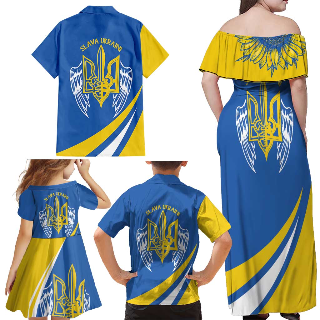 Ukraine Stylized Tryzub Family Matching Off Shoulder Maxi Dress and Hawaiian Shirt Slava Ukraini