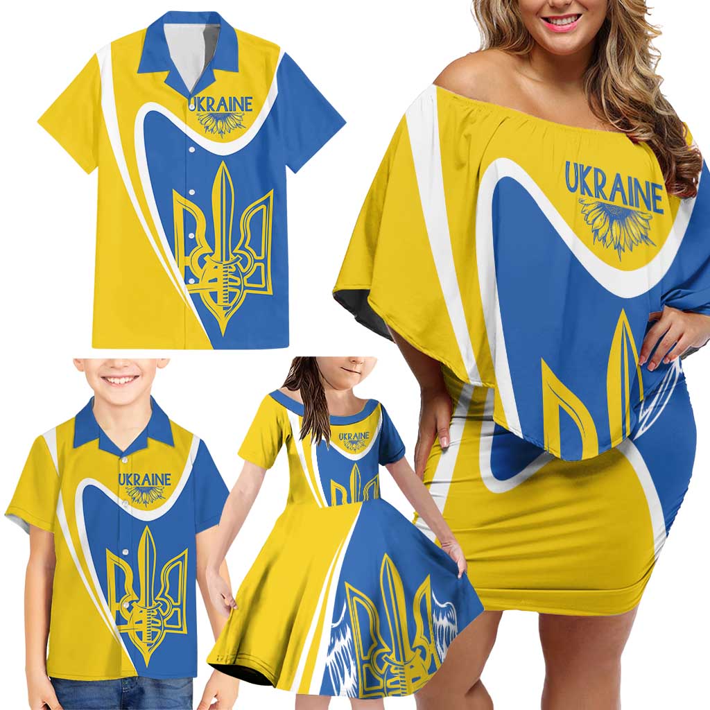 Ukraine Stylized Tryzub Family Matching Off Shoulder Short Dress and Hawaiian Shirt Slava Ukraini