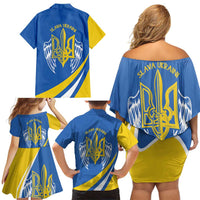 Ukraine Stylized Tryzub Family Matching Off Shoulder Short Dress and Hawaiian Shirt Slava Ukraini