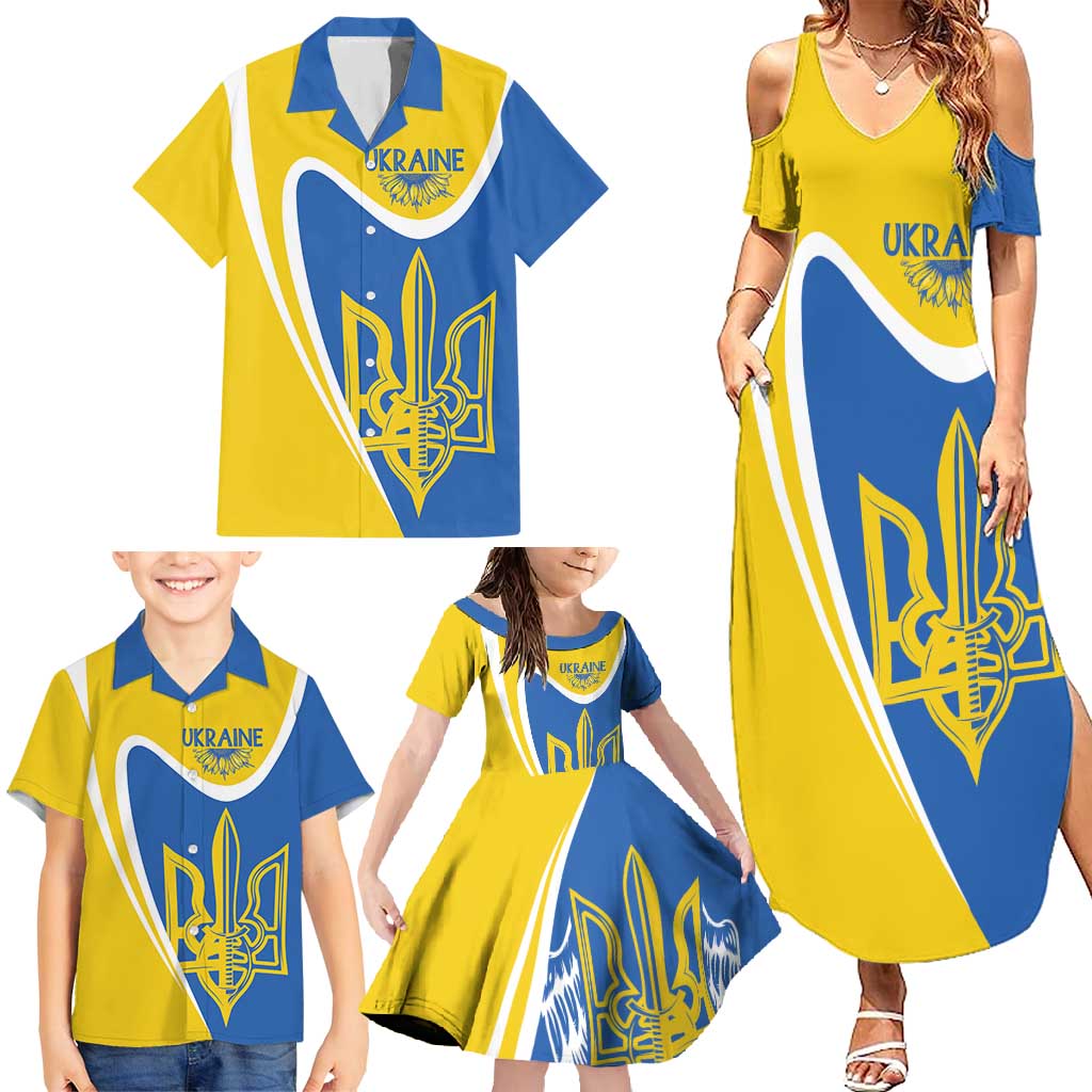 Ukraine Stylized Tryzub Family Matching Summer Maxi Dress and Hawaiian Shirt Slava Ukraini