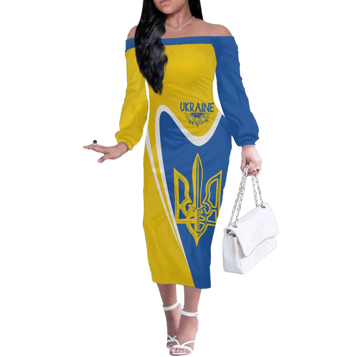 Ukraine Stylized Tryzub Off The Shoulder Long Sleeve Dress Slava Ukraini