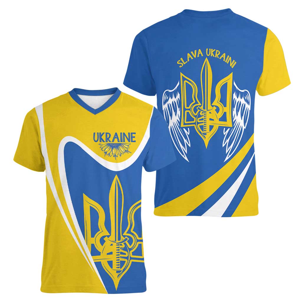 Ukraine Stylized Tryzub Women V-Neck T-Shirt Slava Ukraini