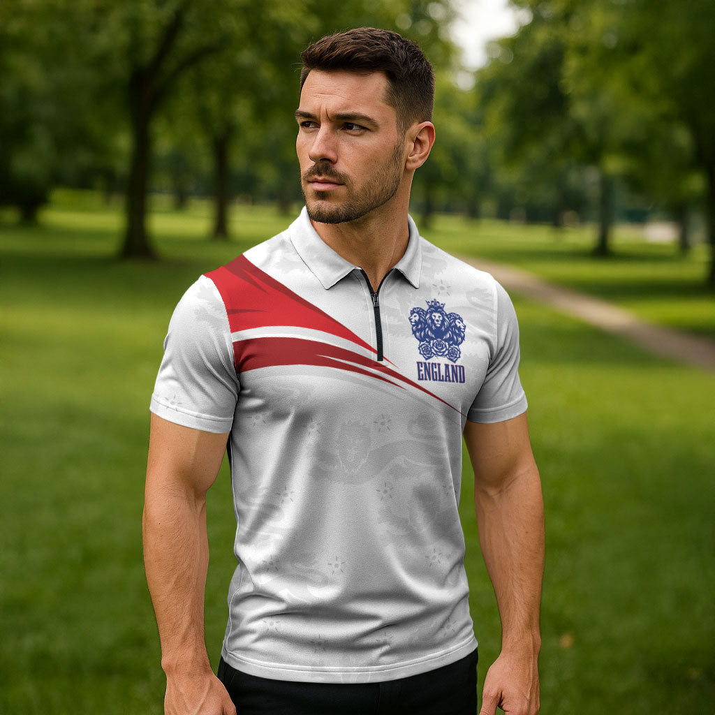 England Football WC2026 Custom Zipper Polo Shirt Three Lions - Happy And Glorious