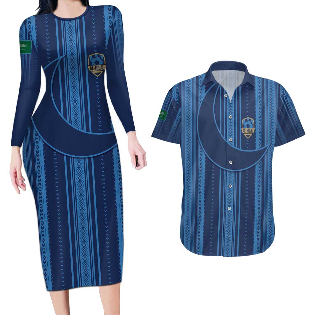 Saudi Football Al Zaeem Custom Couples Matching Long Sleeve Bodycon Dress and Hawaiian Shirt Crescent Moon - Wonder Print Shop