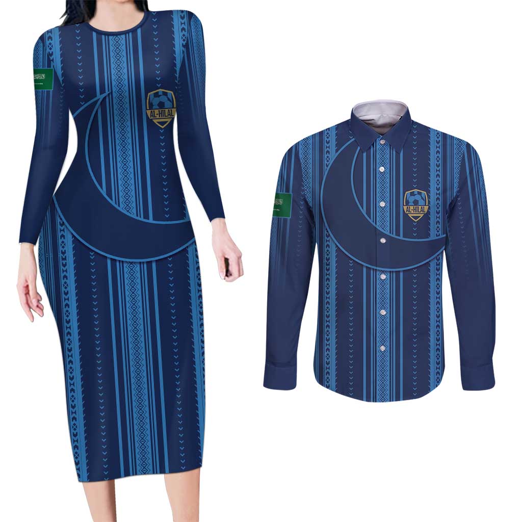 Saudi Football Al Zaeem Custom Couples Matching Long Sleeve Bodycon Dress and Long Sleeve Button Shirt Crescent Moon - Wonder Print Shop