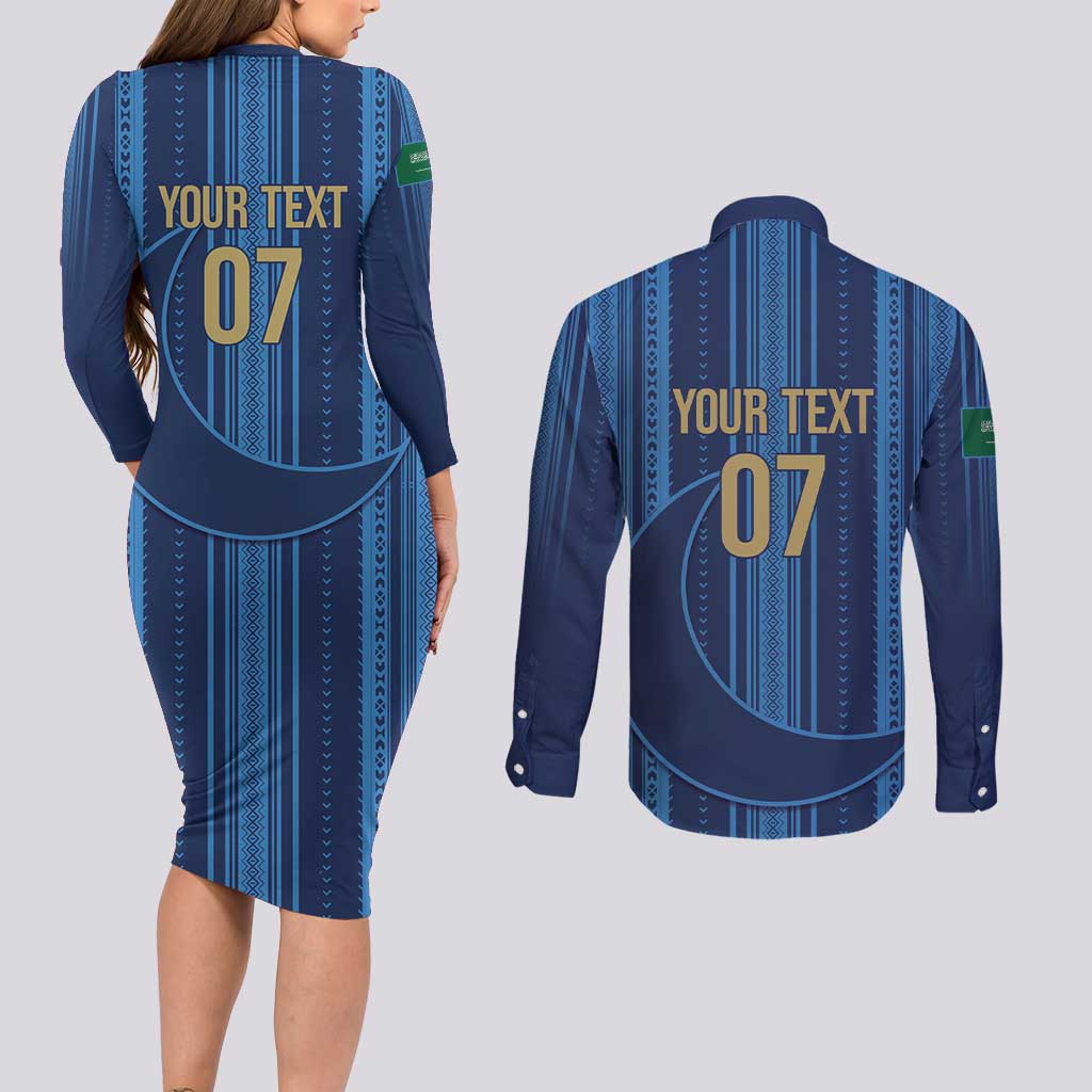 Saudi Football Al Zaeem Custom Couples Matching Long Sleeve Bodycon Dress and Long Sleeve Button Shirt Crescent Moon - Wonder Print Shop