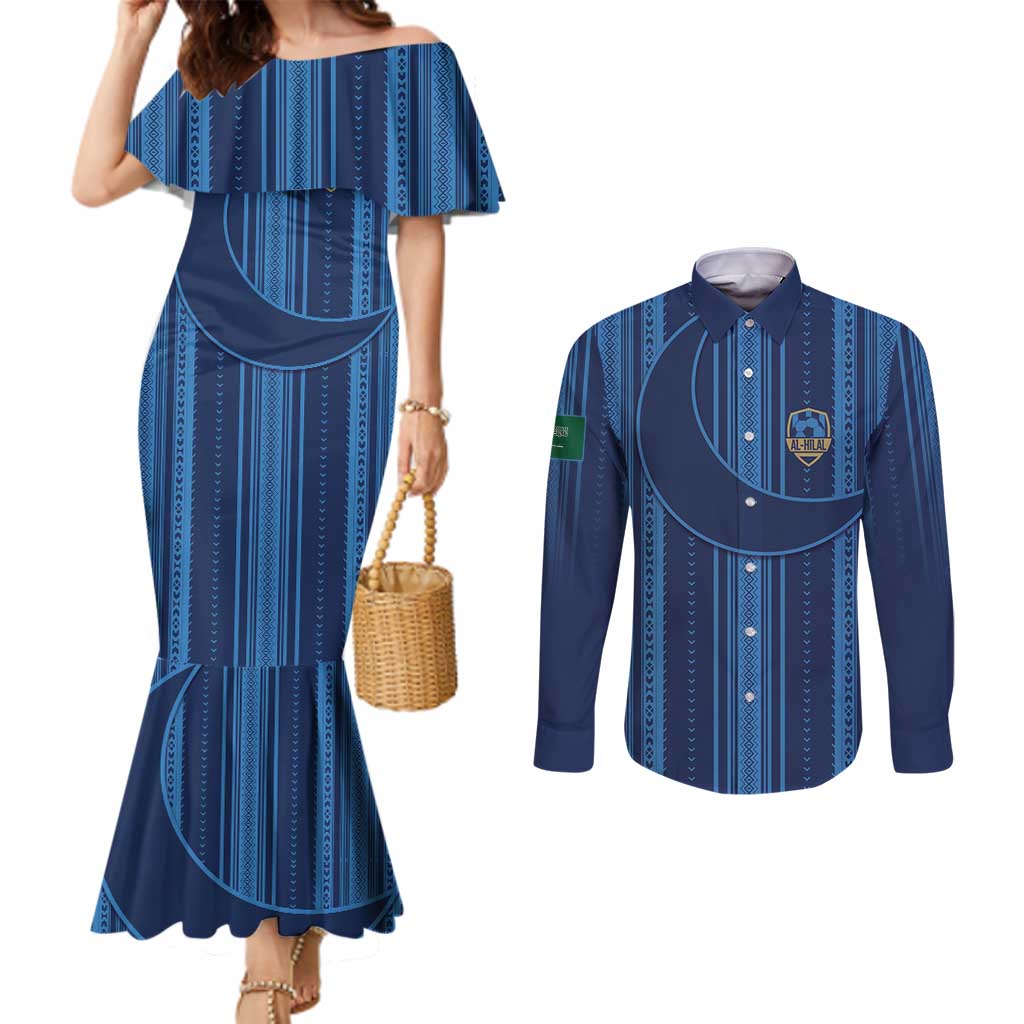 Saudi Football Al Zaeem Custom Couples Matching Mermaid Dress and Long Sleeve Button Shirt Crescent Moon - Wonder Print Shop