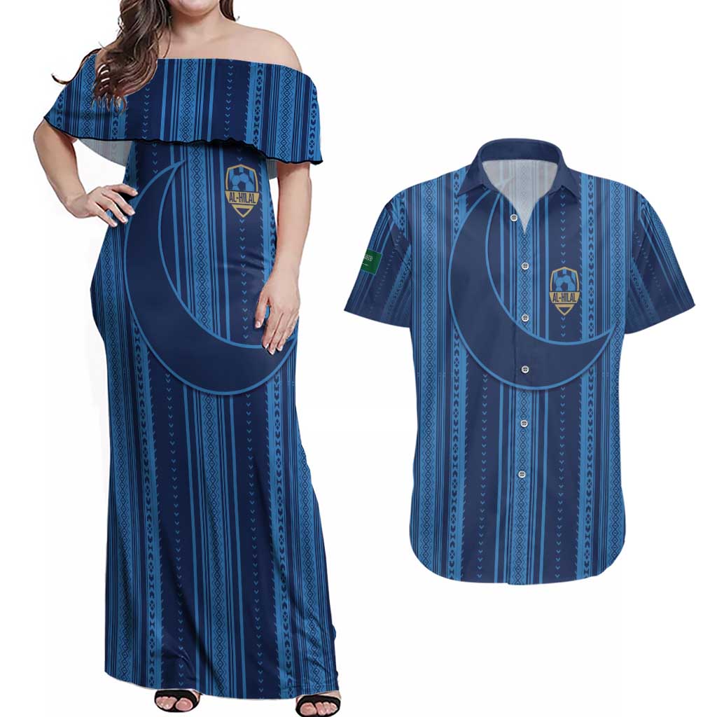 Saudi Football Al Zaeem Custom Couples Matching Off Shoulder Maxi Dress and Hawaiian Shirt Crescent Moon - Wonder Print Shop