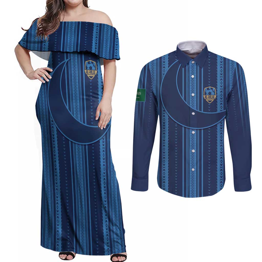 Saudi Football Al Zaeem Custom Couples Matching Off Shoulder Maxi Dress and Long Sleeve Button Shirt Crescent Moon - Wonder Print Shop