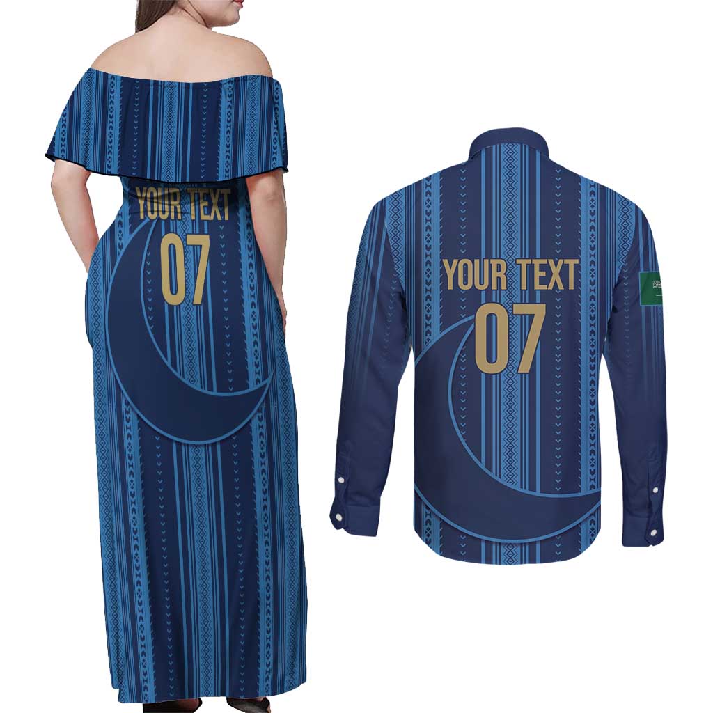 Saudi Football Al Zaeem Custom Couples Matching Off Shoulder Maxi Dress and Long Sleeve Button Shirt Crescent Moon - Wonder Print Shop