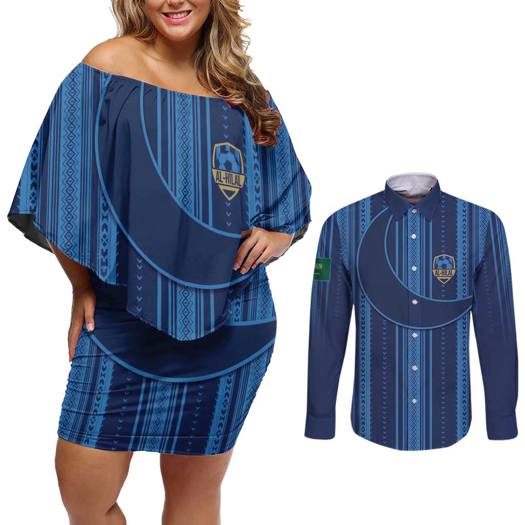 Saudi Football Al Zaeem Custom Couples Matching Off Shoulder Short Dress and Long Sleeve Button Shirt Crescent Moon - Wonder Print Shop