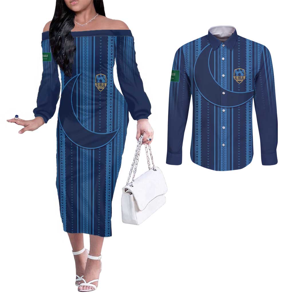 Saudi Football Al Zaeem Custom Couples Matching Off The Shoulder Long Sleeve Dress and Long Sleeve Button Shirt Crescent Moon - Wonder Print Shop