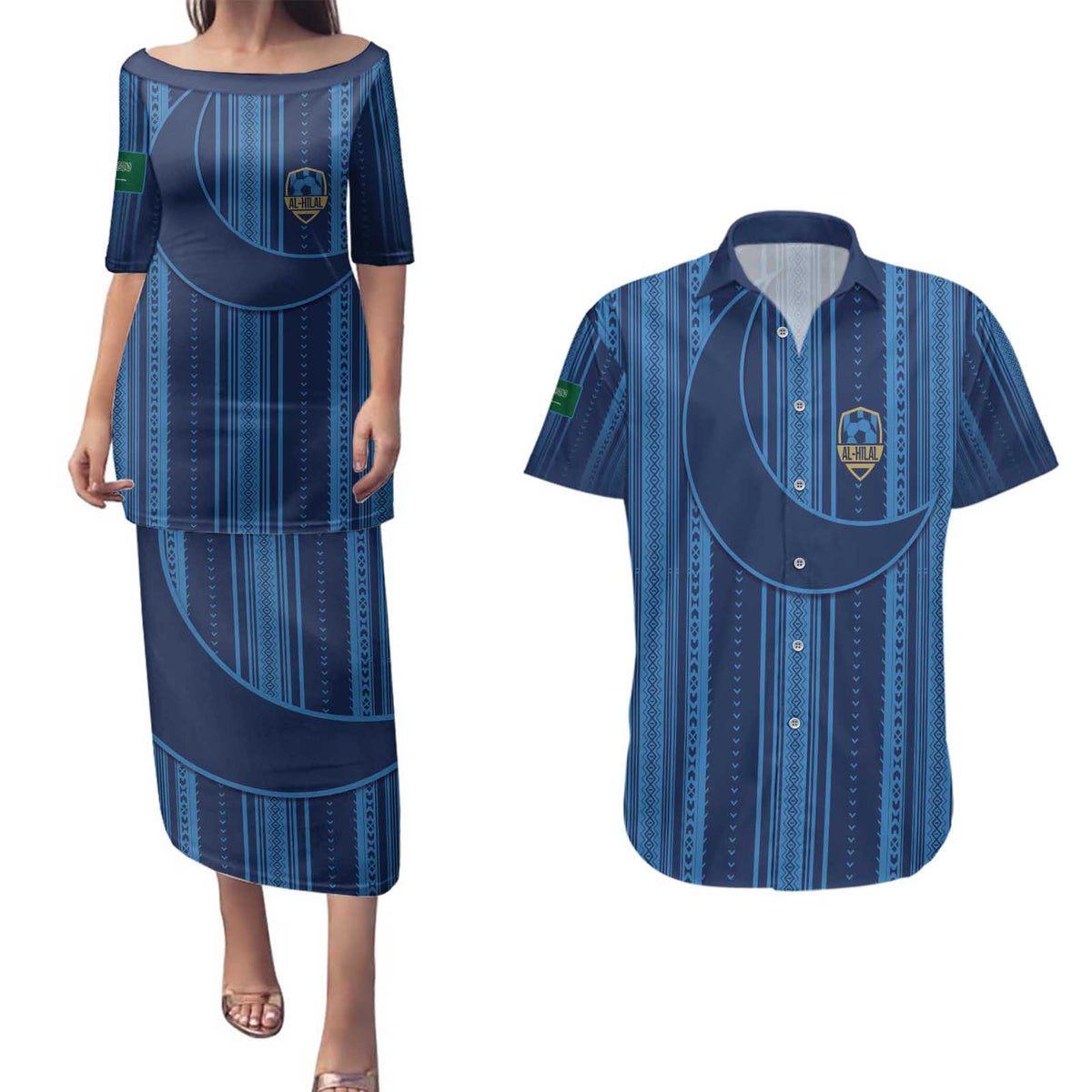 Saudi Football Al Zaeem Custom Couples Matching Puletasi and Hawaiian Shirt Crescent Moon - Wonder Print Shop
