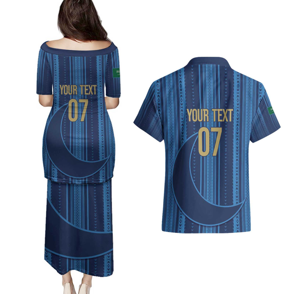 Saudi Football Al Zaeem Custom Couples Matching Puletasi and Hawaiian Shirt Crescent Moon - Wonder Print Shop