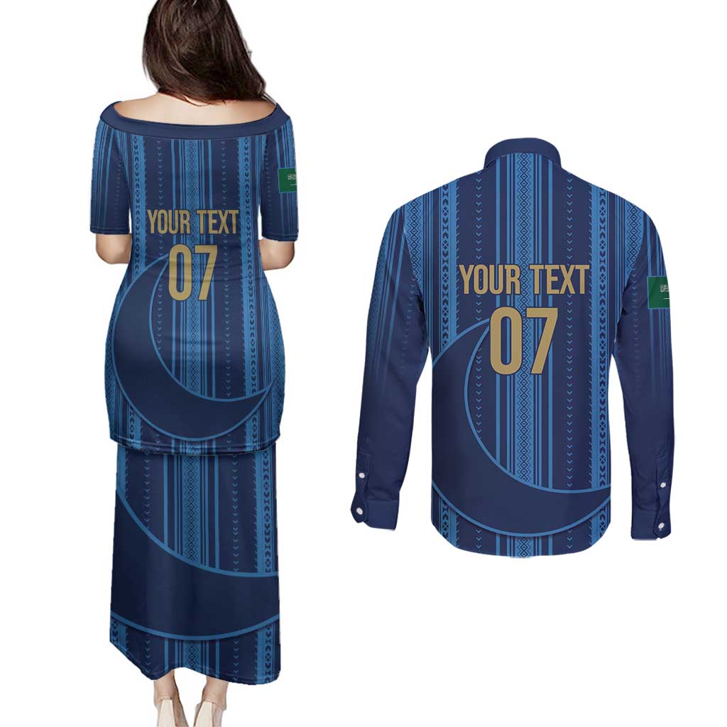 Saudi Football Al Zaeem Custom Couples Matching Puletasi and Long Sleeve Button Shirt Crescent Moon - Wonder Print Shop