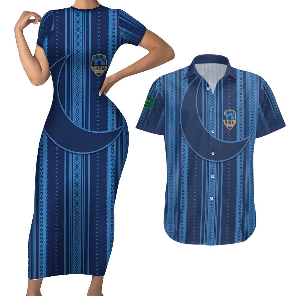 Saudi Football Al Zaeem Custom Couples Matching Short Sleeve Bodycon Dress and Hawaiian Shirt Crescent Moon - Wonder Print Shop
