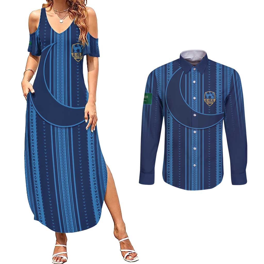 Saudi Football Al Zaeem Custom Couples Matching Summer Maxi Dress and Long Sleeve Button Shirt Crescent Moon - Wonder Print Shop