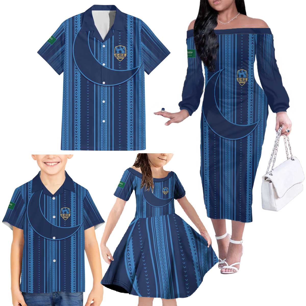 Saudi Football Al Zaeem Custom Family Matching Off The Shoulder Long Sleeve Dress and Hawaiian Shirt Crescent Moon - Wonder Print Shop