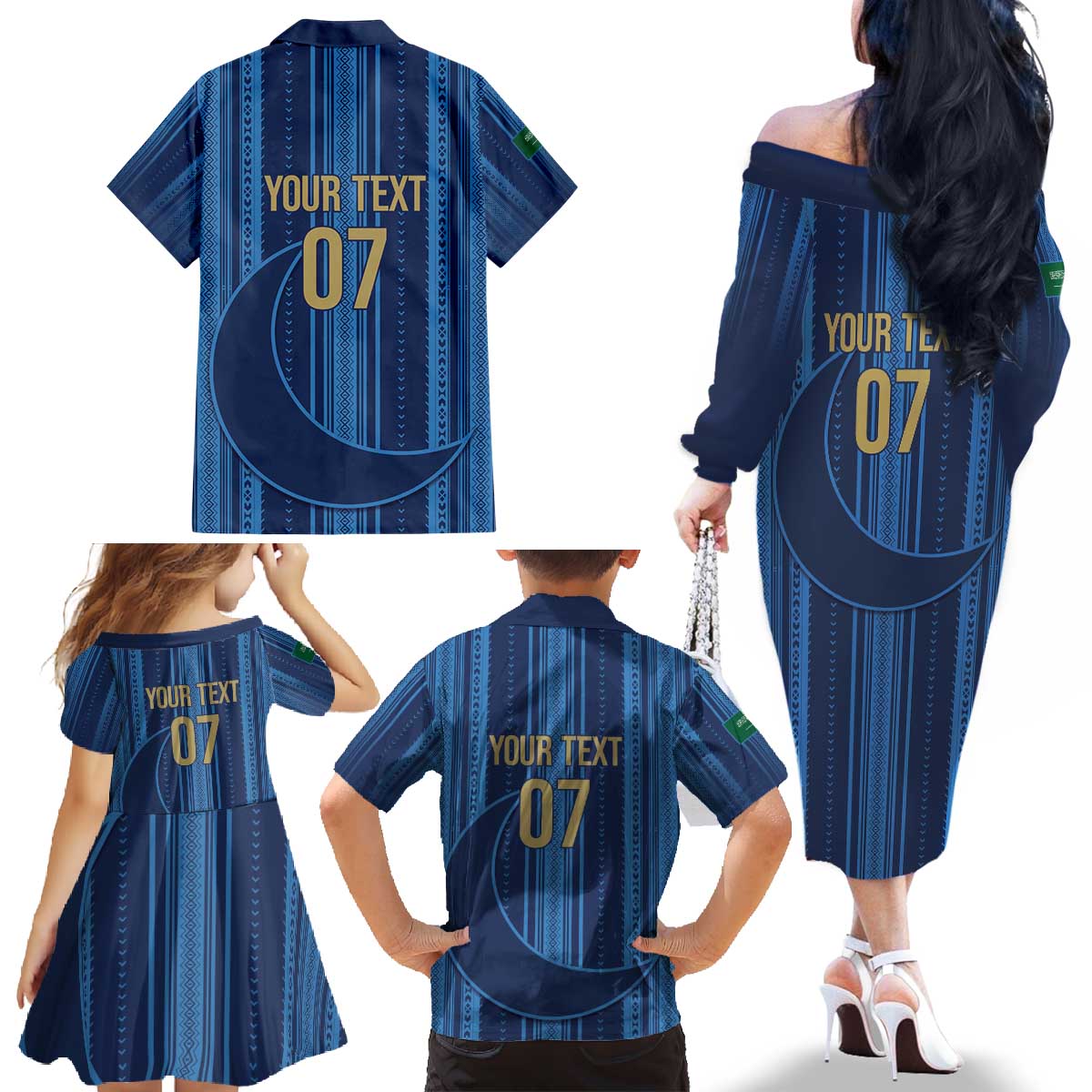 Saudi Football Al Zaeem Custom Family Matching Off The Shoulder Long Sleeve Dress and Hawaiian Shirt Crescent Moon - Wonder Print Shop