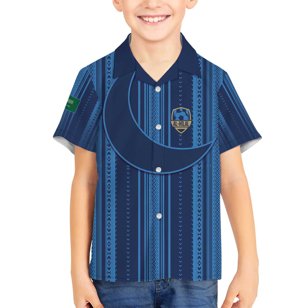 Saudi Football Al Zaeem Custom Family Matching Off The Shoulder Long Sleeve Dress and Hawaiian Shirt Crescent Moon - Wonder Print Shop