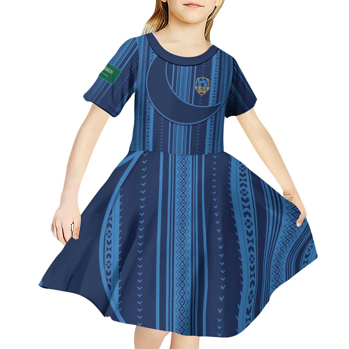 Saudi Football Al Zaeem Custom Kid Short Sleeve Dress Crescent Moon - Wonder Print Shop