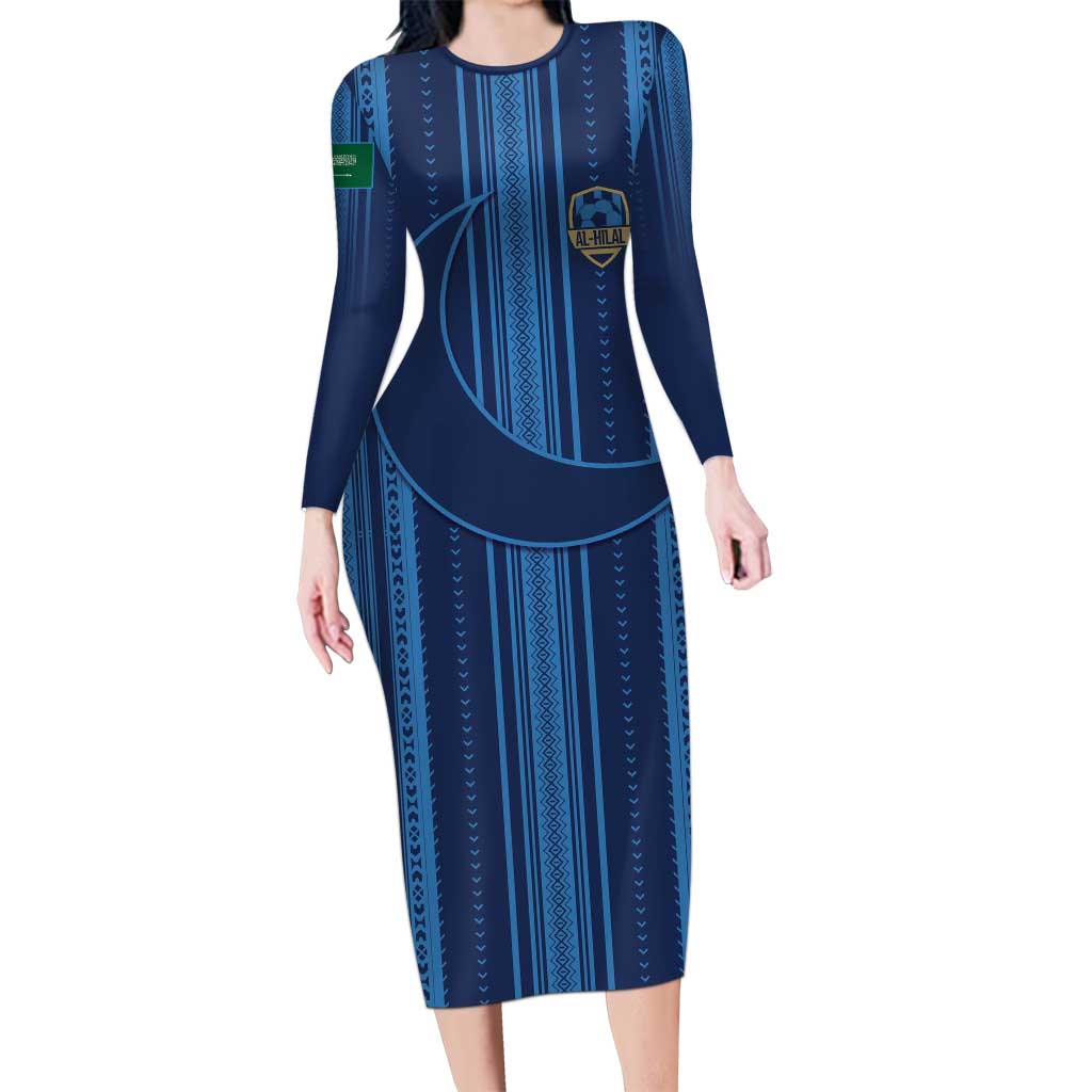 Saudi Football Al Zaeem Custom Long Sleeve Bodycon Dress Crescent Moon - Wonder Print Shop