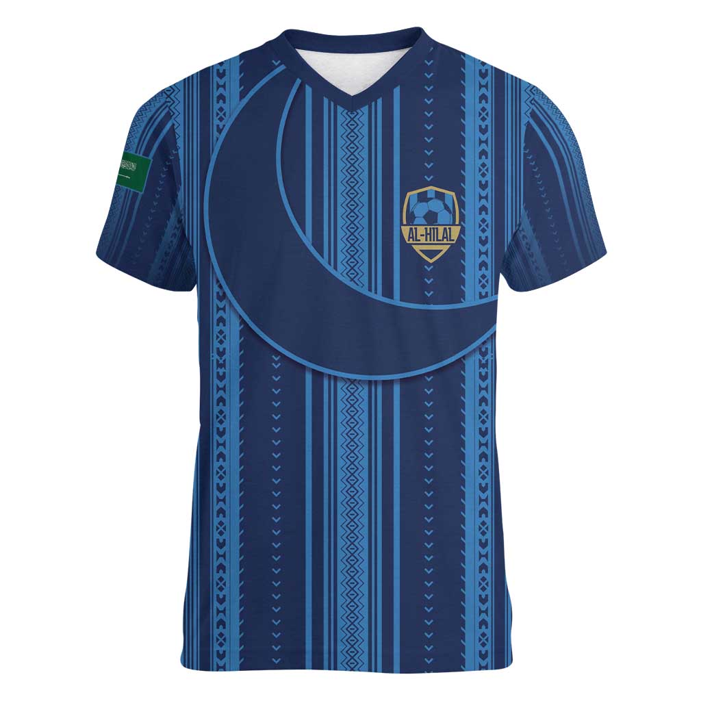 Saudi Football Al Zaeem Custom Women V-Neck T-Shirt Crescent Moon - Wonder Print Shop