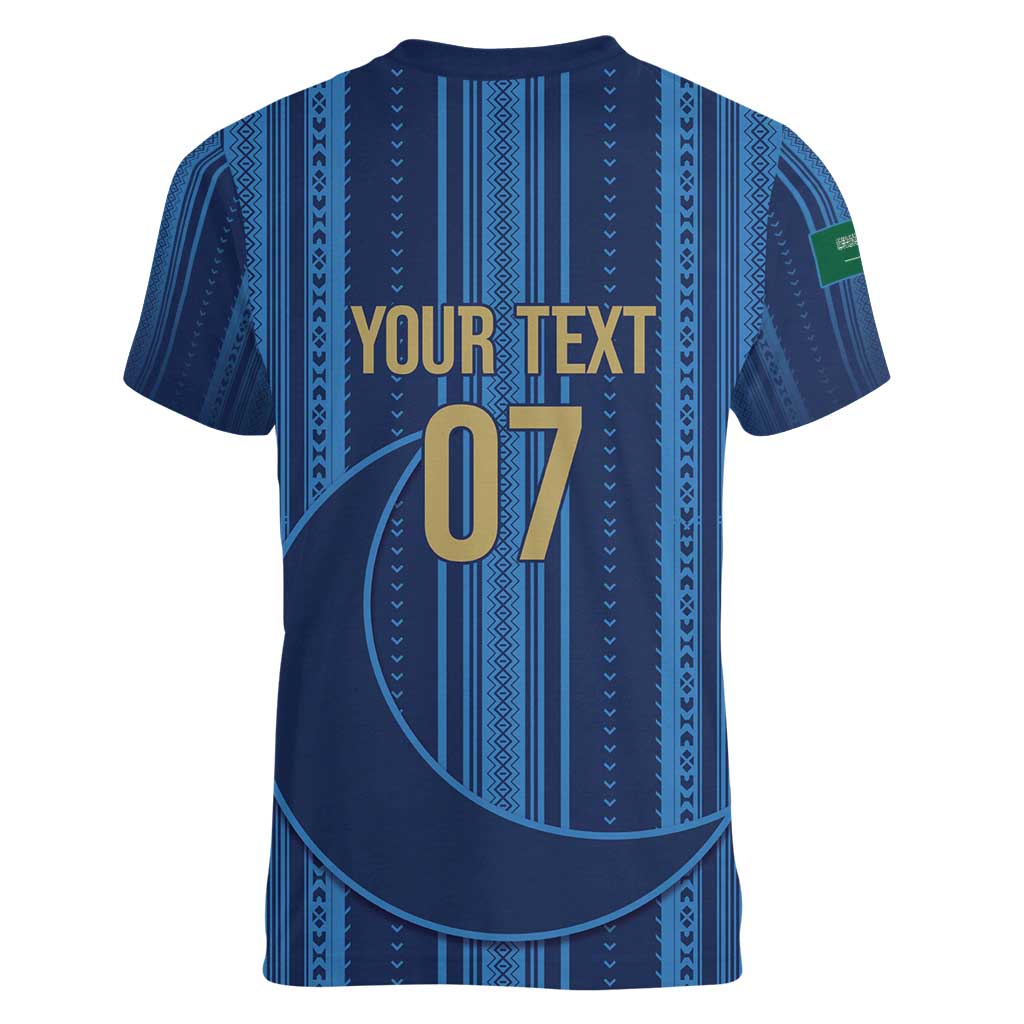 Saudi Football Al Zaeem Custom Women V-Neck T-Shirt Crescent Moon - Wonder Print Shop
