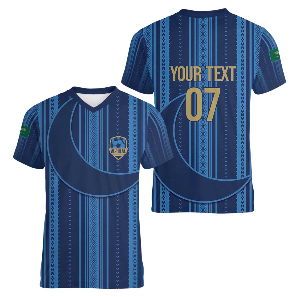 Saudi Football Al Zaeem Custom Women V-Neck T-Shirt Crescent Moon - Wonder Print Shop