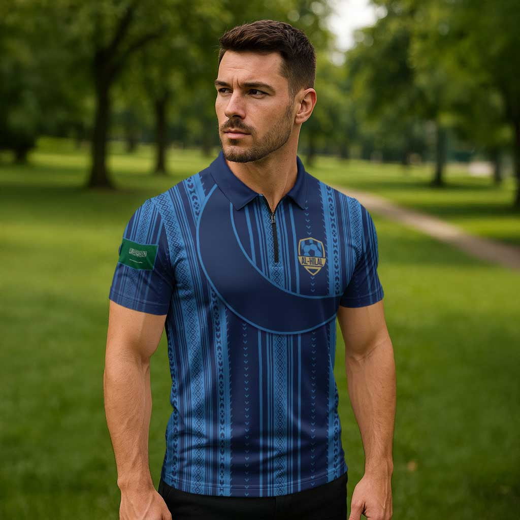 Saudi Football Al Zaeem Custom Zipper Polo Shirt Crescent Moon - Wonder Print Shop