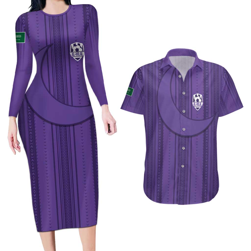 Saudi Football Al Zaeem Custom Couples Matching Long Sleeve Bodycon Dress and Hawaiian Shirt Crescent Moon - Purple - Wonder Print Shop