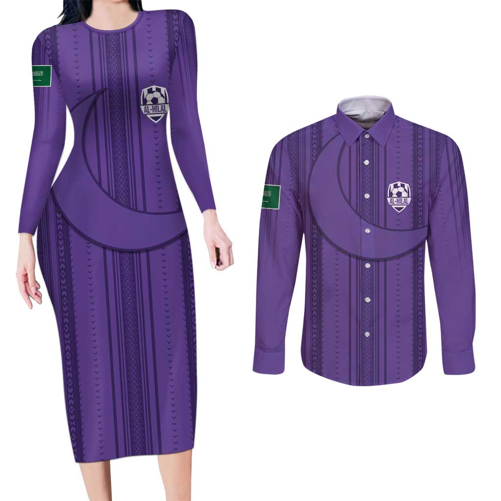 Saudi Football Al Zaeem Custom Couples Matching Long Sleeve Bodycon Dress and Long Sleeve Button Shirt Crescent Moon - Purple - Wonder Print Shop