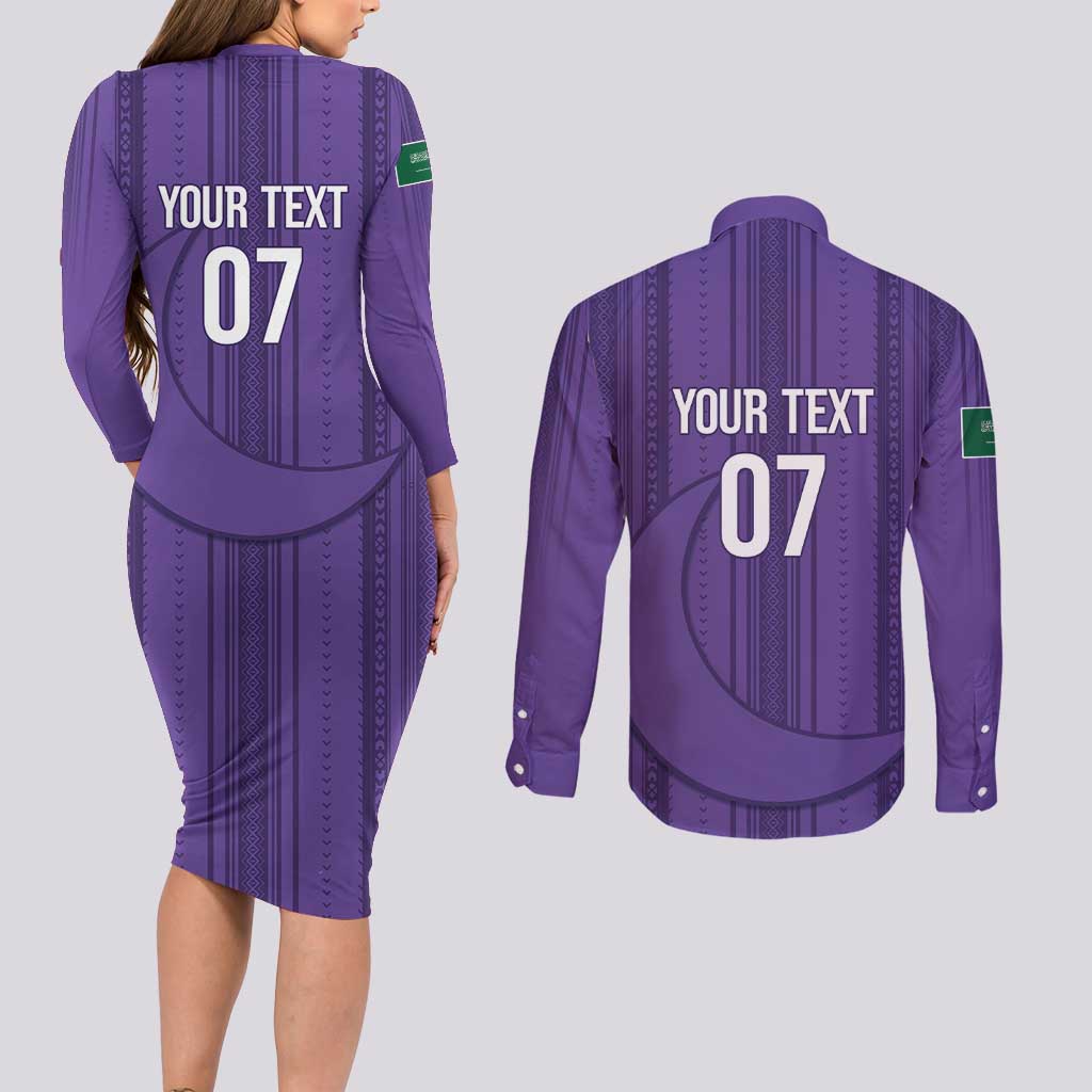 Saudi Football Al Zaeem Custom Couples Matching Long Sleeve Bodycon Dress and Long Sleeve Button Shirt Crescent Moon - Purple - Wonder Print Shop
