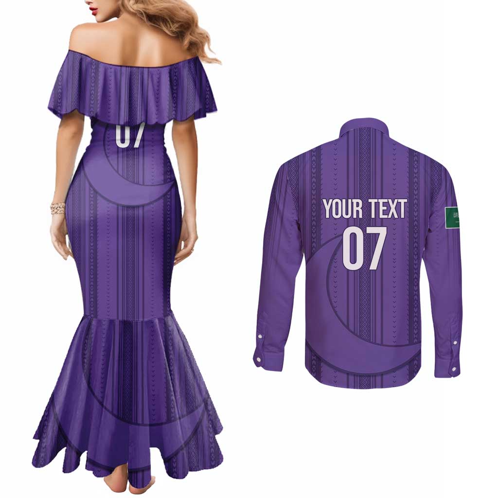 Saudi Football Al Zaeem Custom Couples Matching Mermaid Dress and Long Sleeve Button Shirt Crescent Moon - Purple - Wonder Print Shop