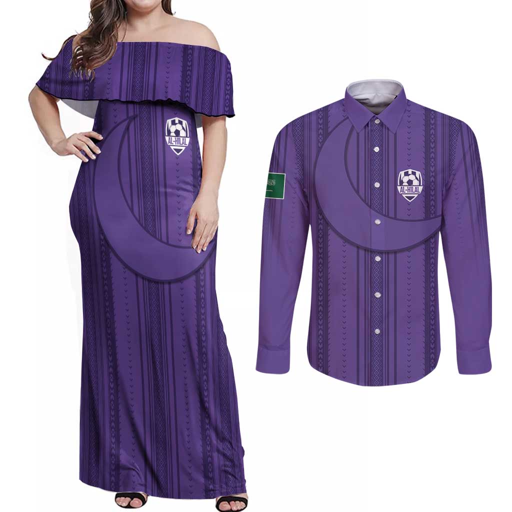 Saudi Football Al Zaeem Custom Couples Matching Off Shoulder Maxi Dress and Long Sleeve Button Shirt Crescent Moon - Purple - Wonder Print Shop