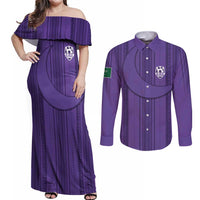 Saudi Football Al Zaeem Custom Couples Matching Off Shoulder Maxi Dress and Long Sleeve Button Shirt Crescent Moon - Purple - Wonder Print Shop