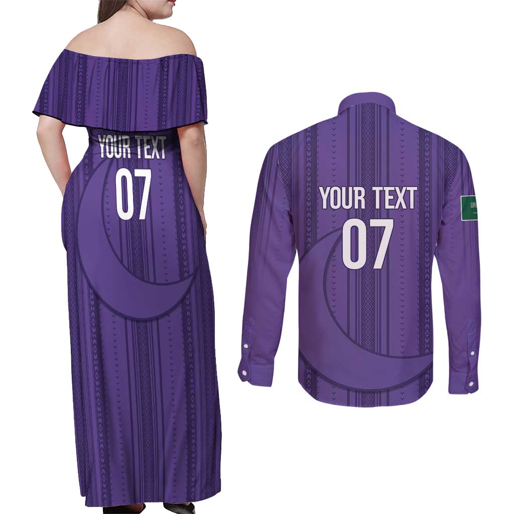 Saudi Football Al Zaeem Custom Couples Matching Off Shoulder Maxi Dress and Long Sleeve Button Shirt Crescent Moon - Purple - Wonder Print Shop