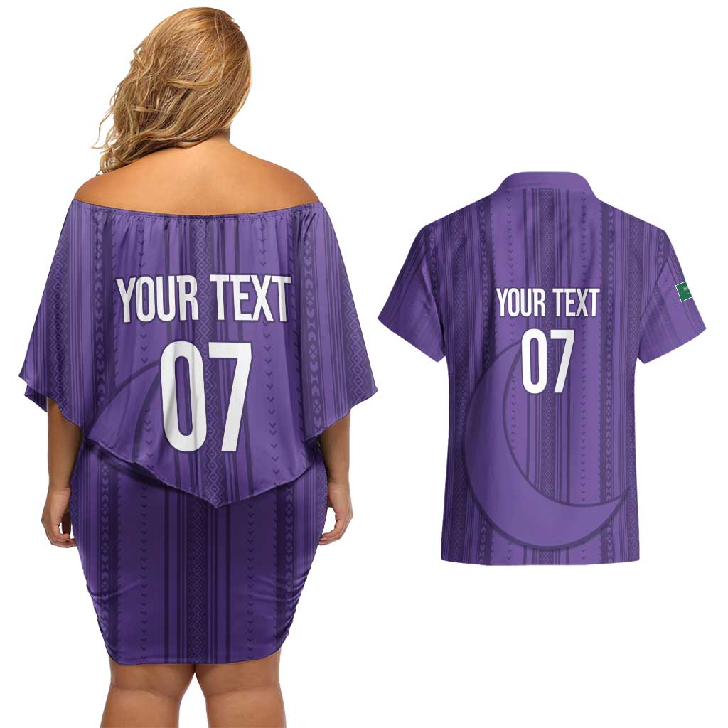 Saudi Football Al Zaeem Custom Couples Matching Off Shoulder Short Dress and Hawaiian Shirt Crescent Moon - Purple - Wonder Print Shop