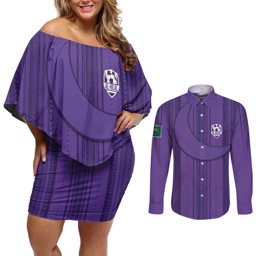 Saudi Football Al Zaeem Custom Couples Matching Off Shoulder Short Dress and Long Sleeve Button Shirt Crescent Moon - Purple - Wonder Print Shop