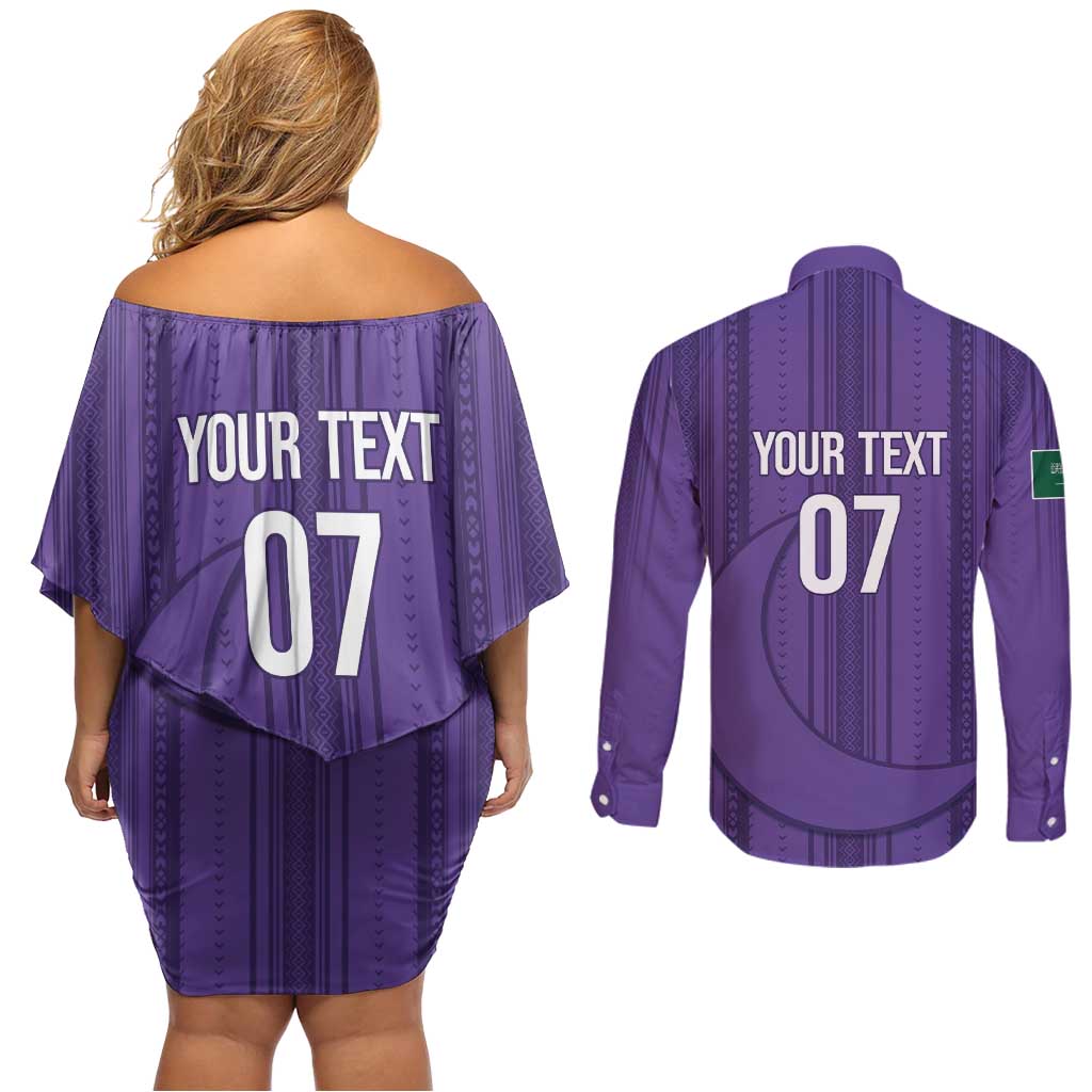 Saudi Football Al Zaeem Custom Couples Matching Off Shoulder Short Dress and Long Sleeve Button Shirt Crescent Moon - Purple - Wonder Print Shop